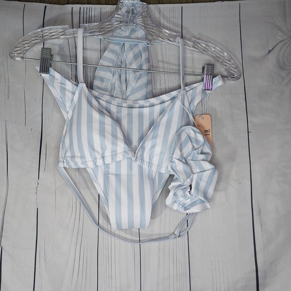 Jimmi Other - Jimmi Striped Blue and White Bikini Set With Wrap And Hair Tie Size M NWT